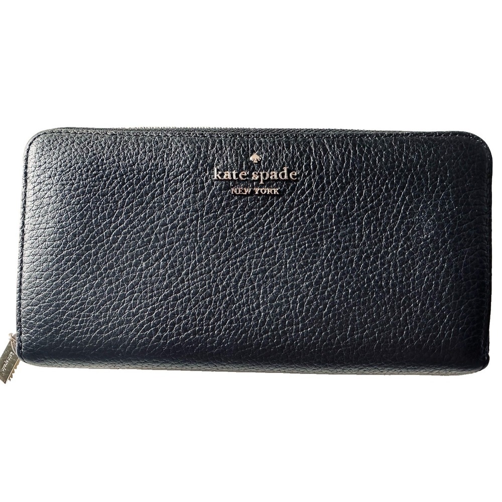 Kate Spade New York Black Pebbled Leather Zip Around Wallet Pockets Card Holders